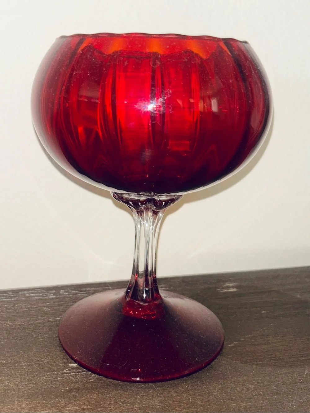 Vintage Italian Empoli Optic Ruby Red Glass Pedestal Compote Or Balloon Vase MCM